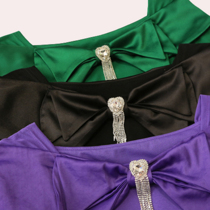 Women's Off-Shoulder Top - Fitted Silhouette - Oversized Bow Detail - Short Sleeve Elegant Design