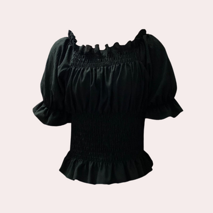 Women's Off-Shoulder Blouse - Smocked Bodice - Puff Sleeve - Ruffled Hem