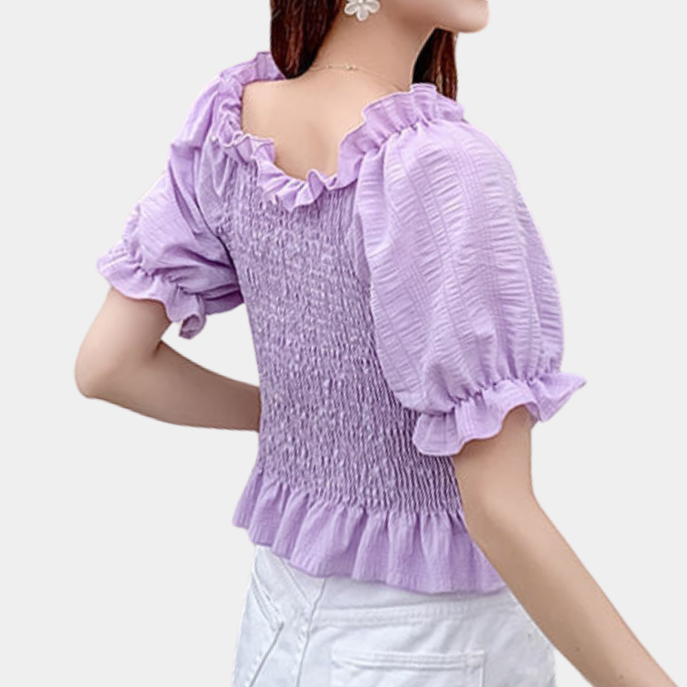 Women's Off-Shoulder Blouse - Smocked Bodice - Puff Sleeve - Ruffled Hem