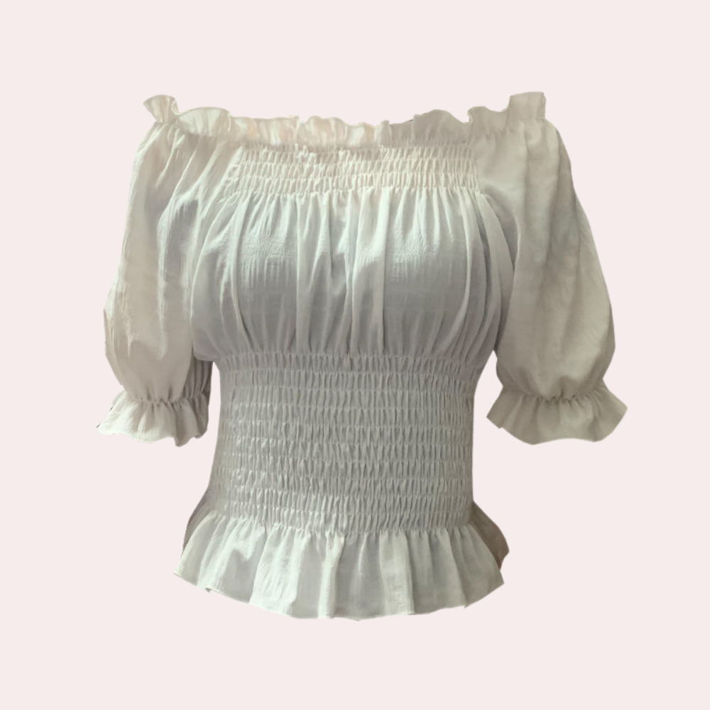 Women's Off-Shoulder Blouse - Smocked Bodice - Puff Sleeve - Ruffled Hem
