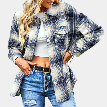 Women’s Shacket – Plaid Button-Up – Long Sleeve – Cotton Blend – Casual Layering Piece