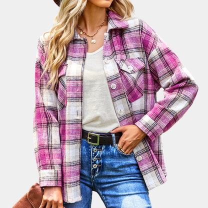 Women’s Shacket – Plaid Button-Up – Long Sleeve – Cotton Blend – Casual Layering Piece