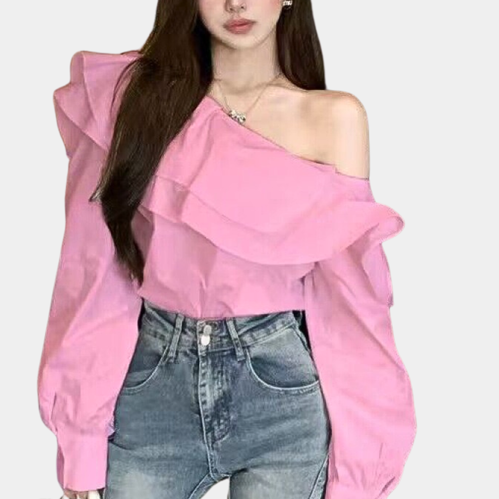 Women's One-Shoulder Blouse - Ruffle Layered Design - Long Sleeve Elegant Top