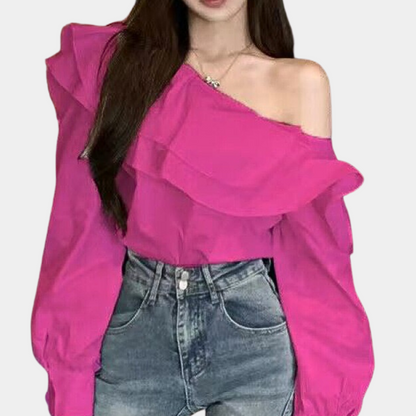 Women's One-Shoulder Blouse - Ruffle Layered Design - Long Sleeve Elegant Top