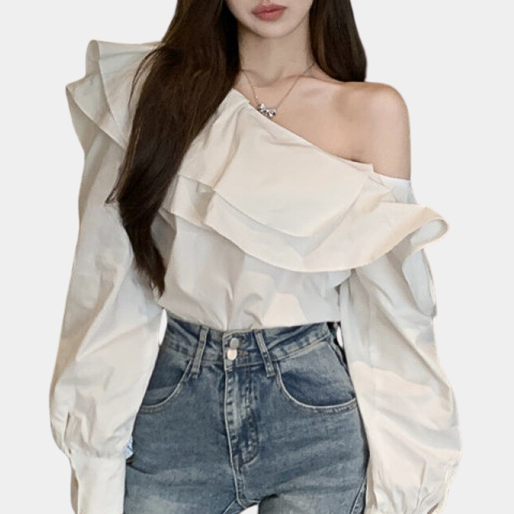 Women's One-Shoulder Blouse - Ruffle Layered Design - Long Sleeve Elegant Top
