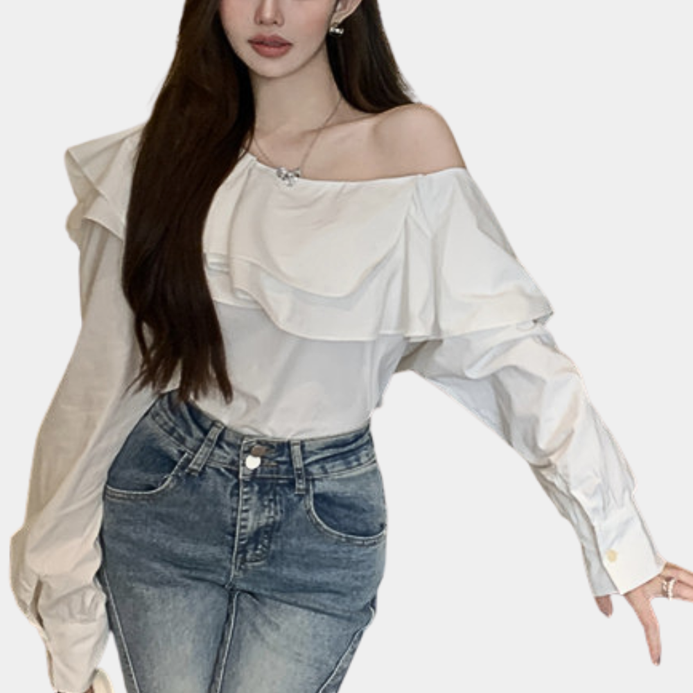 Women's One-Shoulder Blouse - Ruffle Layered Design - Long Sleeve Elegant Top