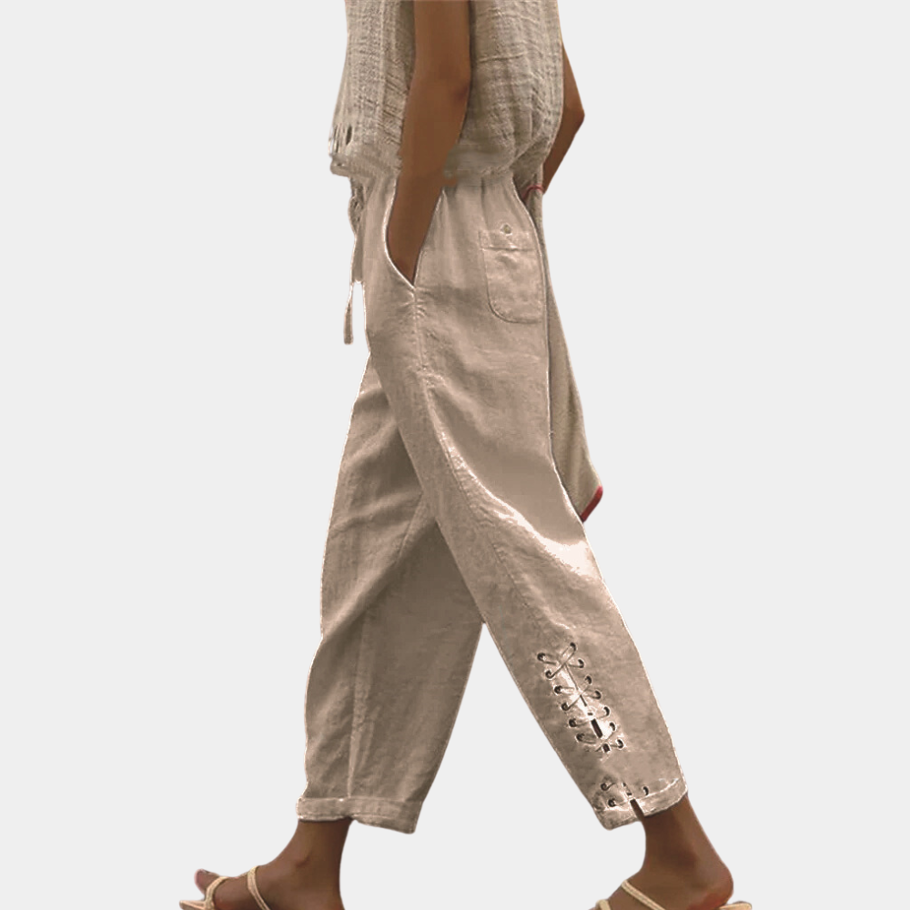 Women's Casual Pants - Comfortable Fiber Blend - Elastic Waist - Ankle Length - Lace-Up Detail