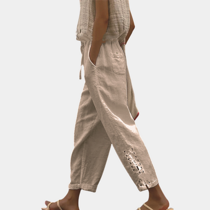 Women's Casual Pants - Comfortable Fiber Blend - Elastic Waist - Ankle Length - Lace-Up Detail