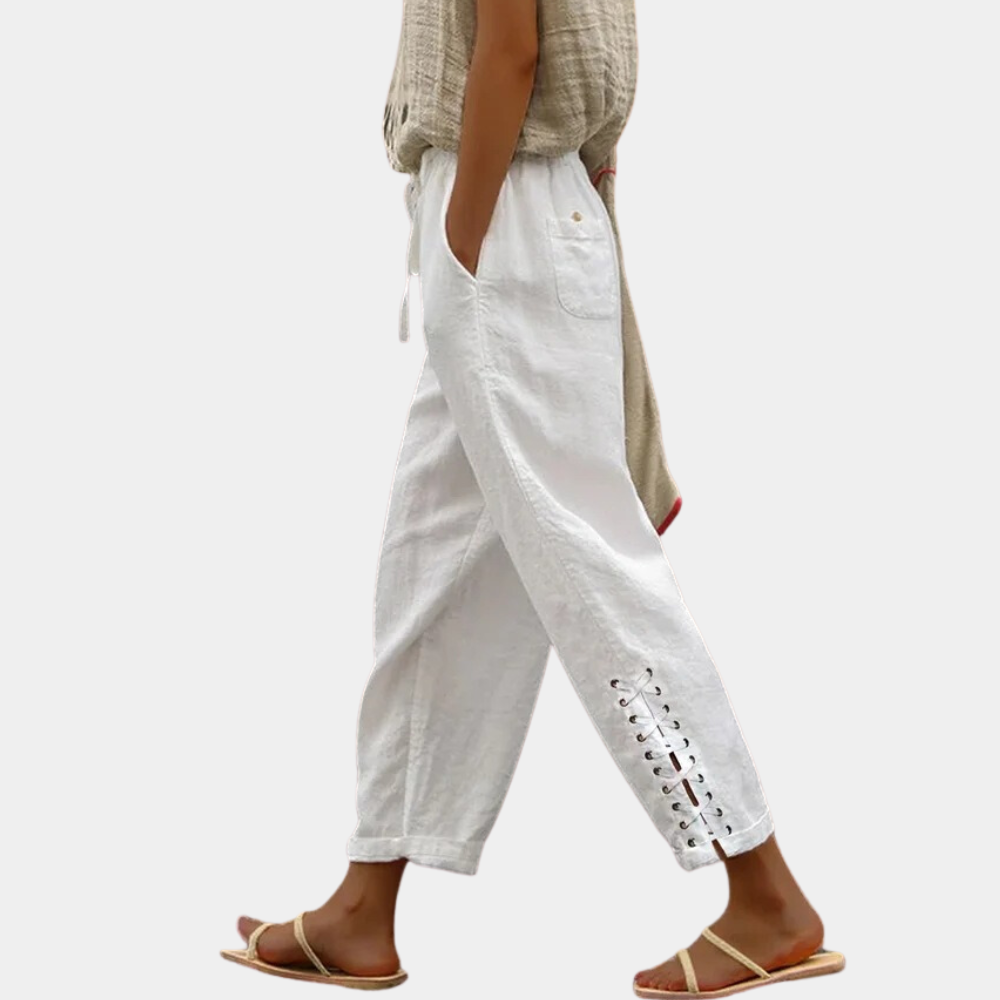 Women's Casual Pants - Comfortable Fiber Blend - Elastic Waist - Ankle Length - Lace-Up Detail