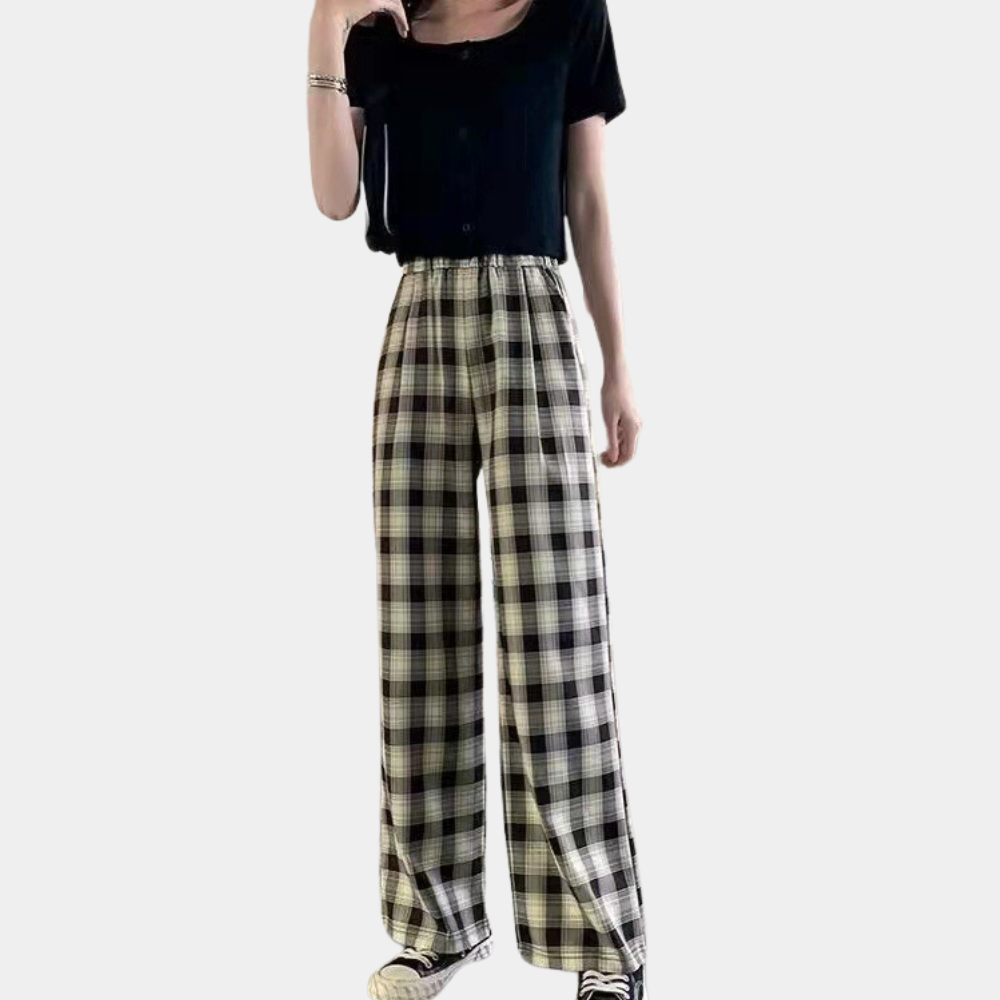 Loose drape plaid wide-leg trousers for women