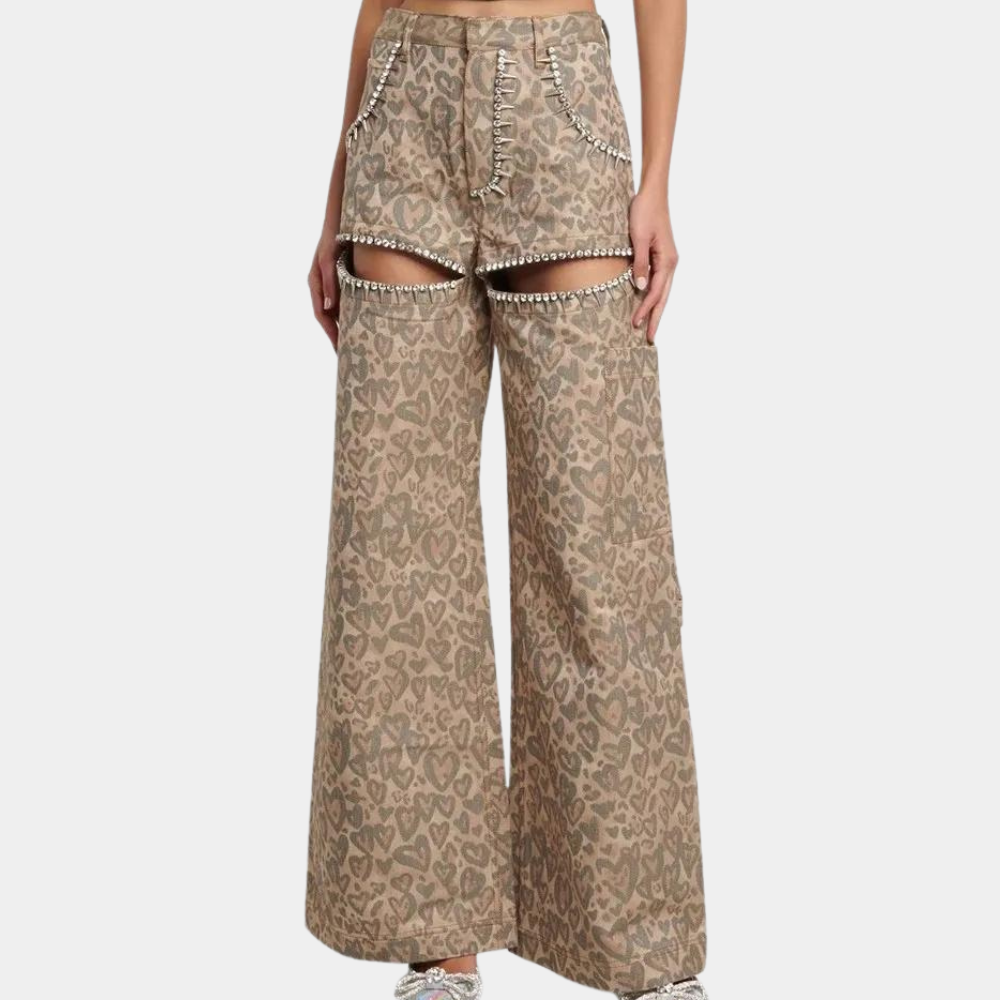 Women's summer leopard print wide-leg jeans with diamond rivets