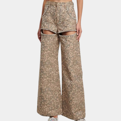 Women's summer leopard print wide-leg jeans with diamond rivets