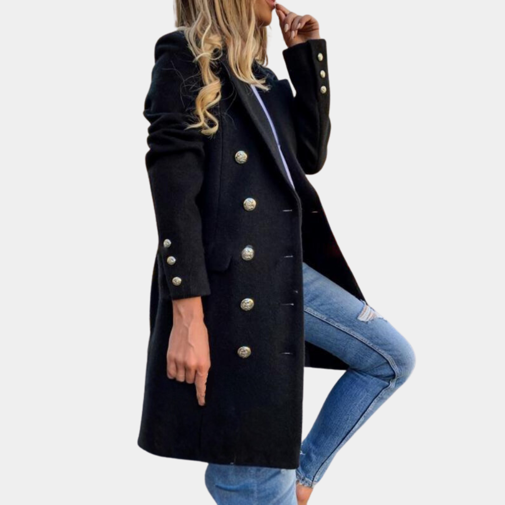 Chic double-breasted coat with gold button details for women