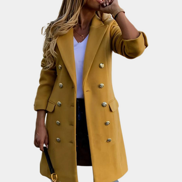 Chic double-breasted coat with gold button details for women