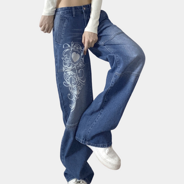 Trendy printed loose wide-leg denim trousers for women