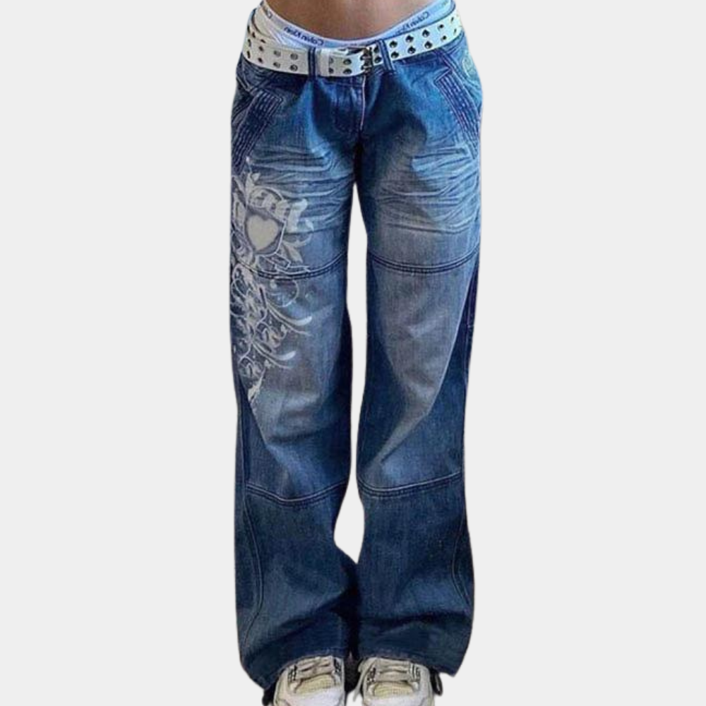 Trendy printed loose wide-leg denim trousers for women