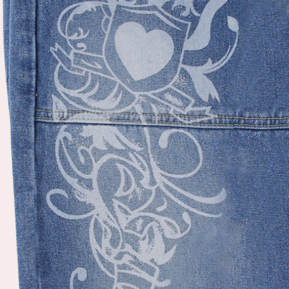 Trendy printed loose wide-leg denim trousers for women