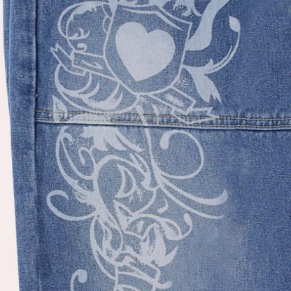 Trendy printed loose wide-leg denim trousers for women