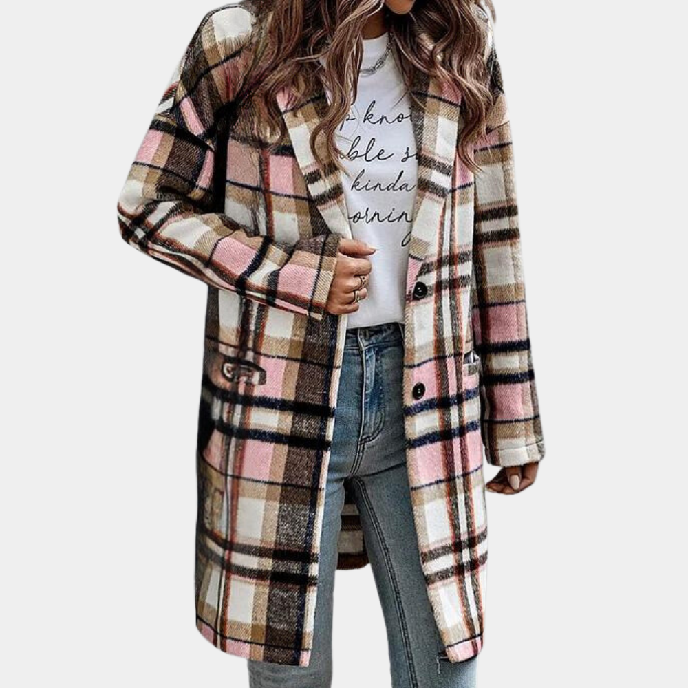 Long single-breasted lapel tweed jacket for women