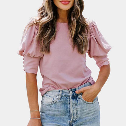 Women's Blouse - Puff Sleeve - 3/4 Length - Relaxed Fit - Button Detail Classic Style