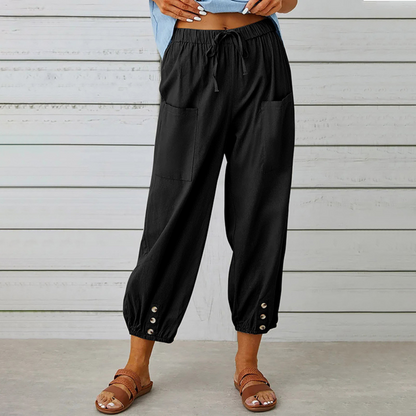 Women's Cropped Pants - Loose Fit - Elastic Waist with Drawstring - Pocket Detail