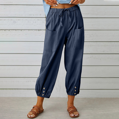 Women's Cropped Pants - Loose Fit - Elastic Waist with Drawstring - Pocket Detail