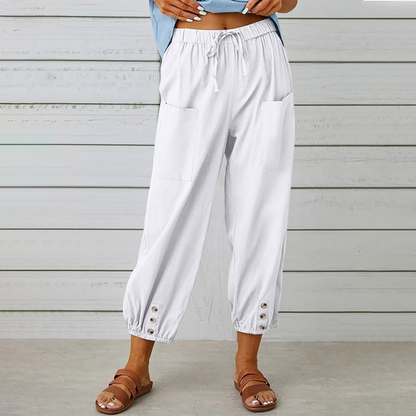 Women's Cropped Pants - Loose Fit - Elastic Waist with Drawstring - Pocket Detail