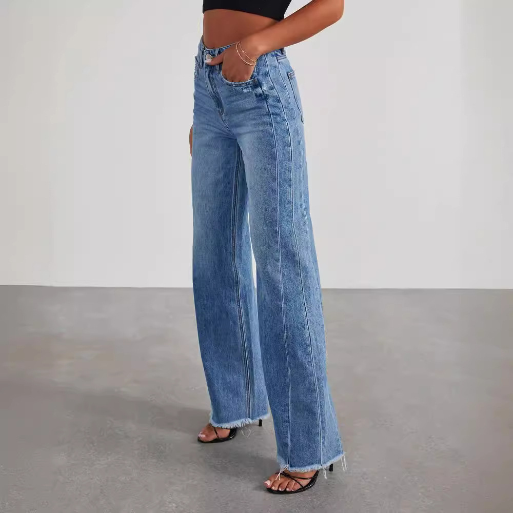 Loose wide-leg jeans with side seam stitching and frayed hem for women