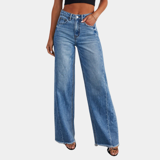 Loose wide-leg jeans with side seam stitching and frayed hem for women
