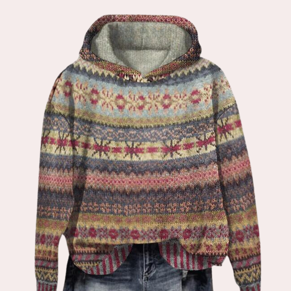 Women’s Hooded Sweater – Knit Wool Blend – Relaxed Fit – Nordic Pattern – Casual Style