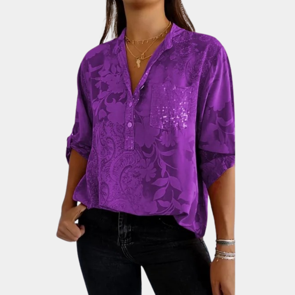 Women's Blouse - Floral Jacquard Pattern - V-Neck Button Front - Relaxed Fit