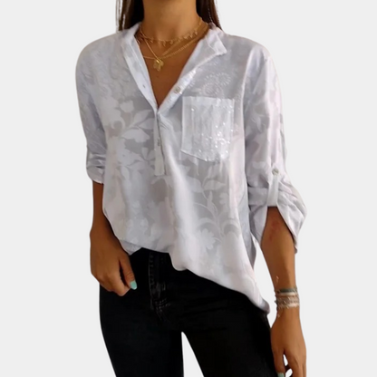 Women's Blouse - Floral Jacquard Pattern - V-Neck Button Front - Relaxed Fit
