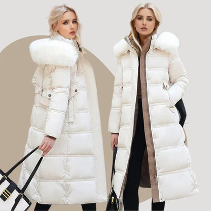 Women's slim fit over knee jacket with fur collar and belt