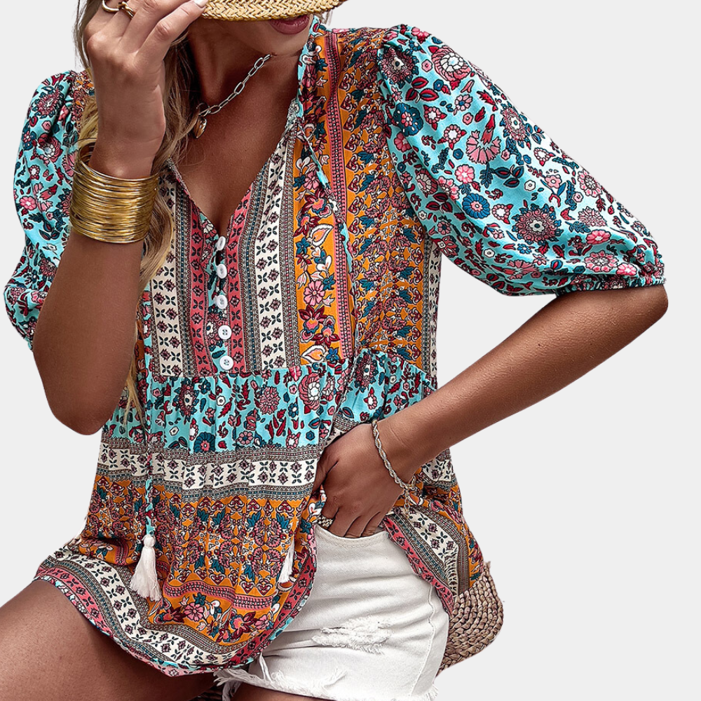 Women's Bohemian Blouse - V-Neck Button Front - Short Puff Sleeve - Flowy Fit