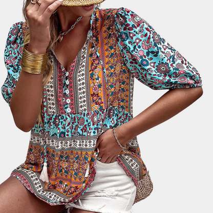 Women's Bohemian Blouse - V-Neck Button Front - Short Puff Sleeve - Flowy Fit