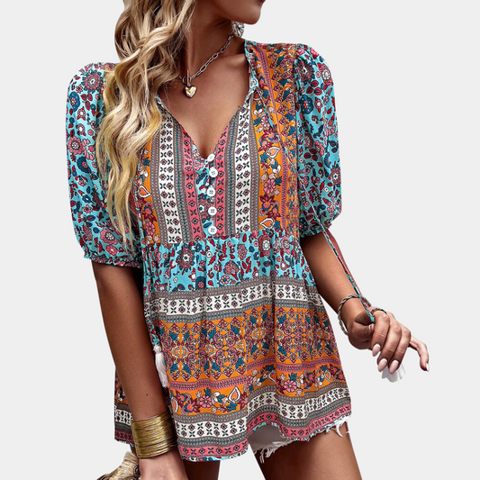 Flowy V-Neck Bohemian Button Front Blouse