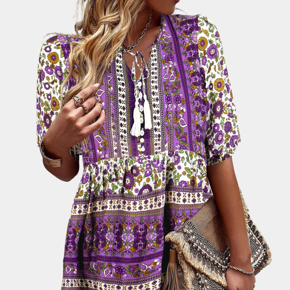 Women's Bohemian Blouse - V-Neck Button Front - Short Puff Sleeve - Flowy Fit