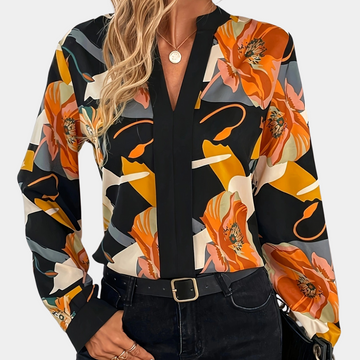Women's Blouse - Floral Print - V-Neck - Long Sleeve - Relaxed Fit