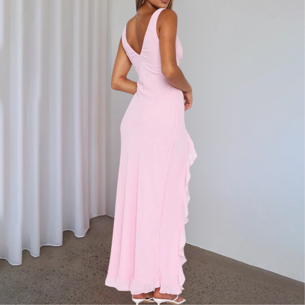 Women’s Evening Dress – Slim Fit – Satin-Like Fabric – Deep V-Neck – High-Low Hem