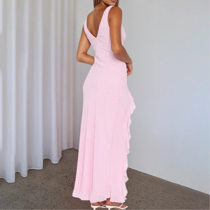 Women’s Evening Dress – Slim Fit – Satin-Like Fabric – Deep V-Neck – High-Low Hem