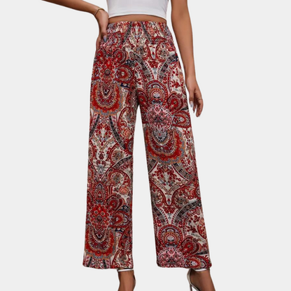 Women's Wide-Leg Pants - Bohemian Print - High-Rise Elastic Waist - Flowy Lightweight