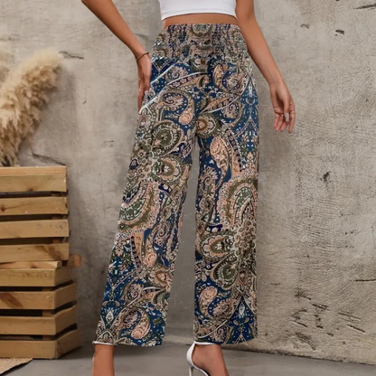 Women's Wide-Leg Pants - Bohemian Print - High-Rise Elastic Waist - Flowy Lightweight