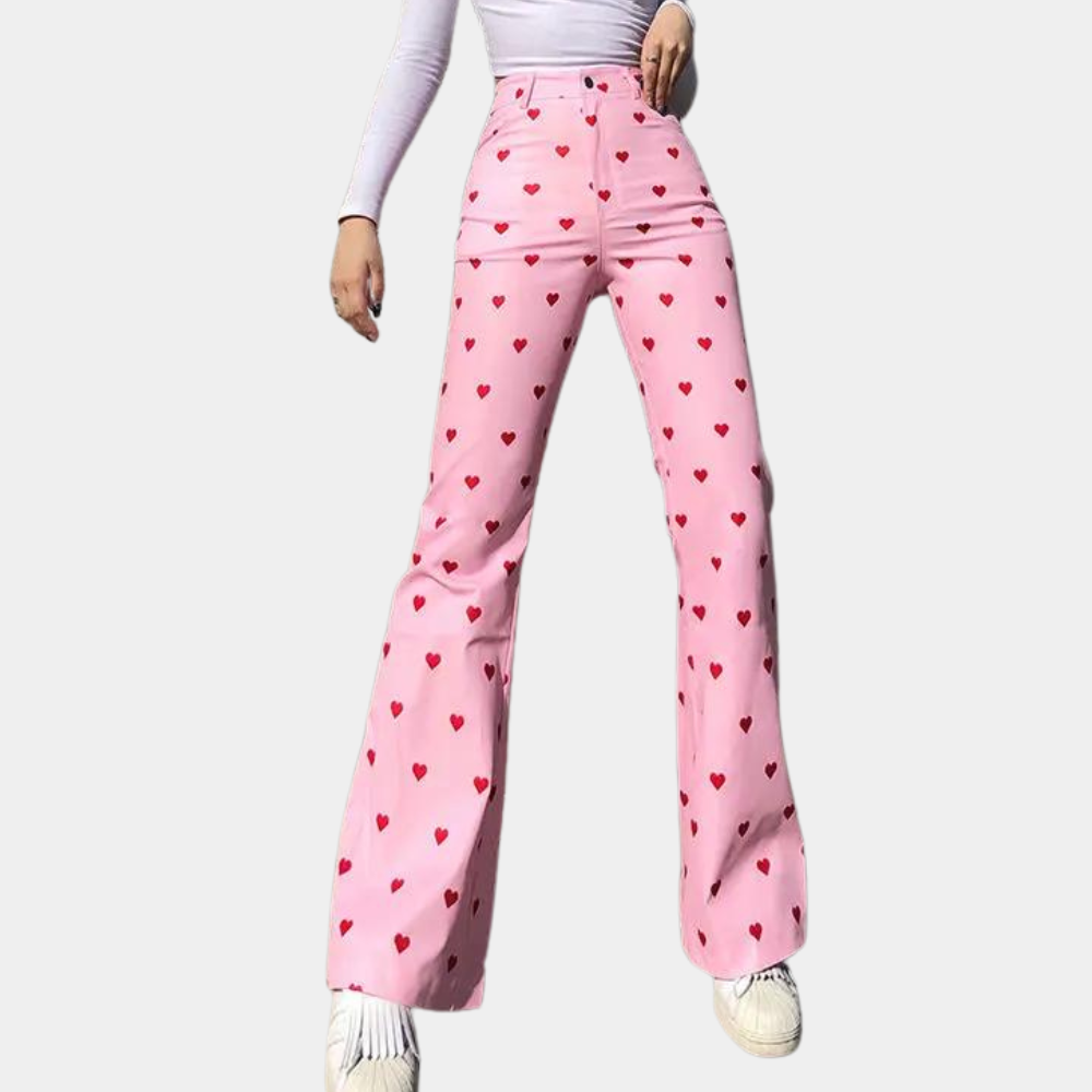 Women's pink heart print straight leg trouser with high waist
