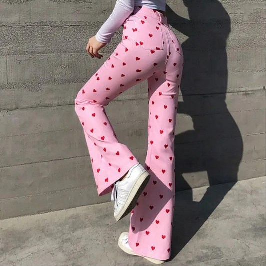 Heart Print High-Waisted Straight Leg Trousers