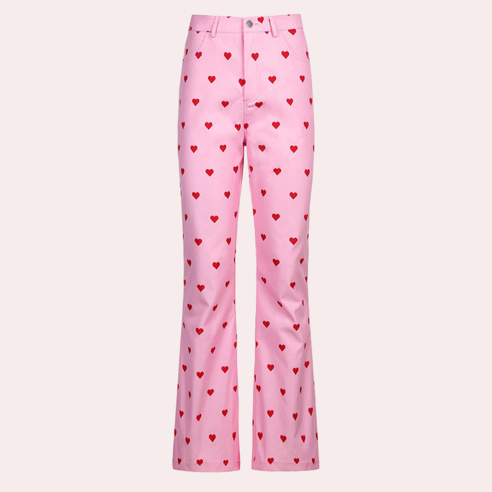 Women's pink heart print straight leg trouser with high waist