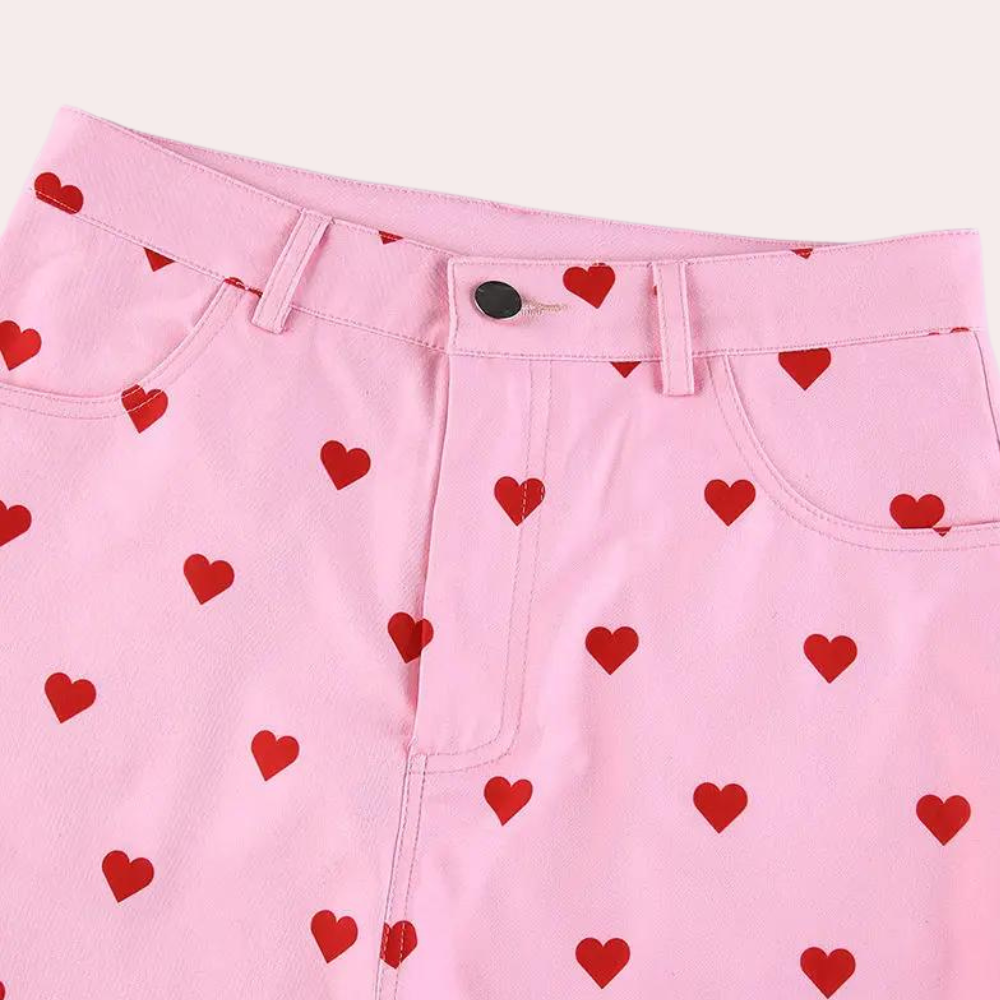 Women's pink heart print straight leg trouser with high waist