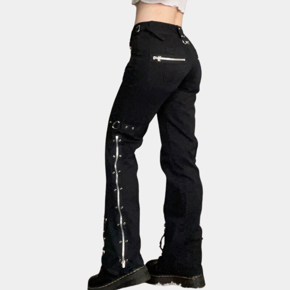 Women's flared cargo pants with metal embellishments