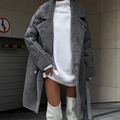 Women's winter plush long cardigan coat with suit collar and long sleeves