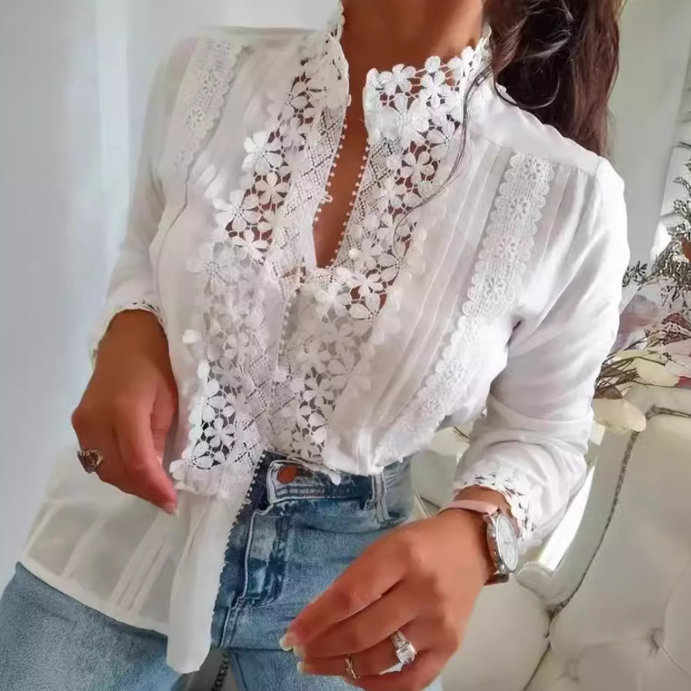 Women's Lace Blouse - Mandarin Collar - Floral Pattern - Long Sleeve Elegant Style