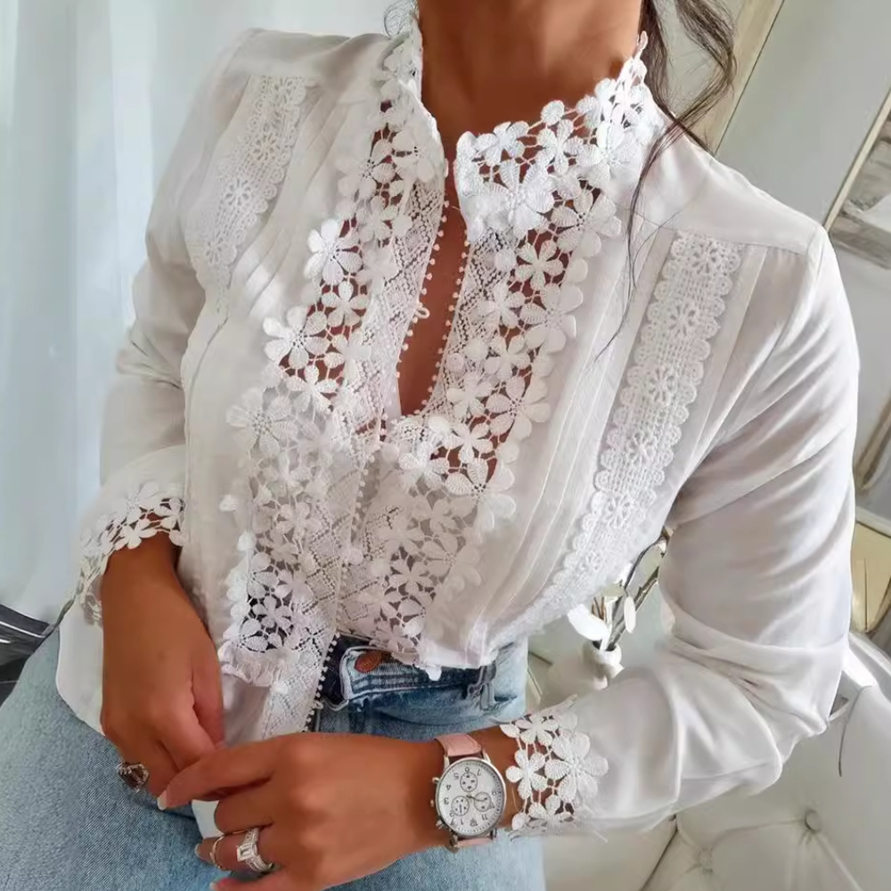 Women's Lace Blouse - Mandarin Collar - Floral Pattern - Long Sleeve Elegant Style